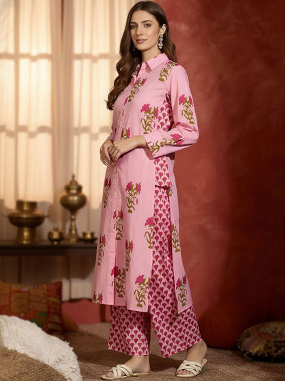 Floral Printed Shirt Collar Pure Cotton Straight Kurta With Trousers