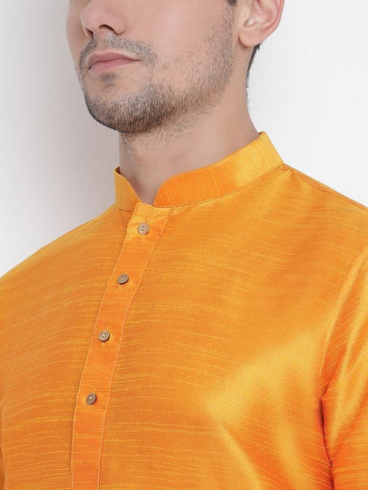 Men's Orange Silk Blend Straight Kurta Pyjama Set