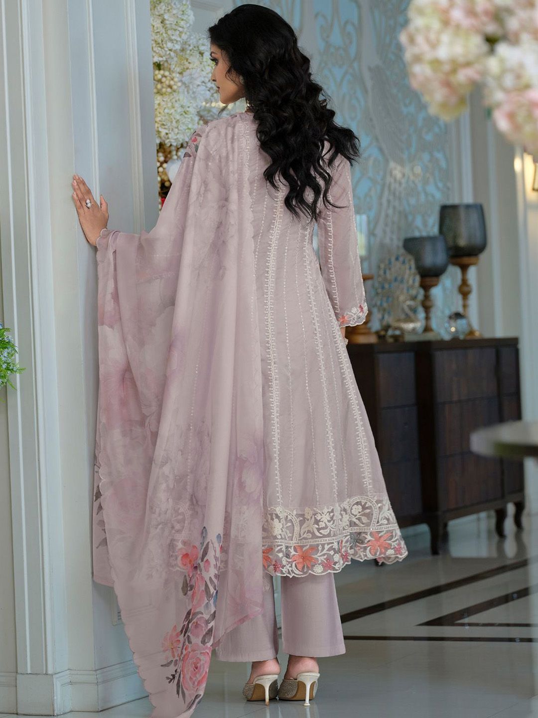 Adults-Women Woven Design Embroidered Anarkali Kurta with Trousers & Dupatta