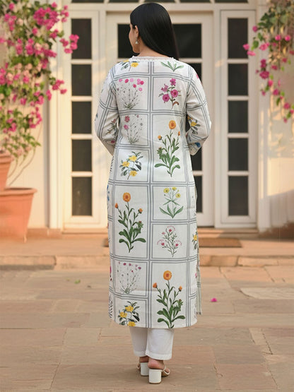 Women Floral Printed Linen Kurta with Trousers