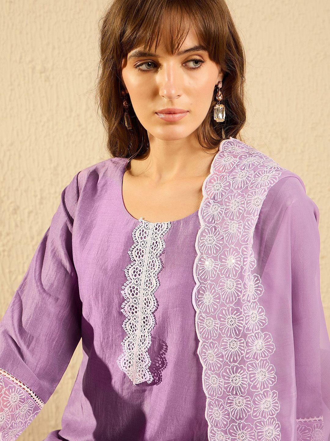 Floral Embroidered Straight Kurta With Trousers & Dupatta