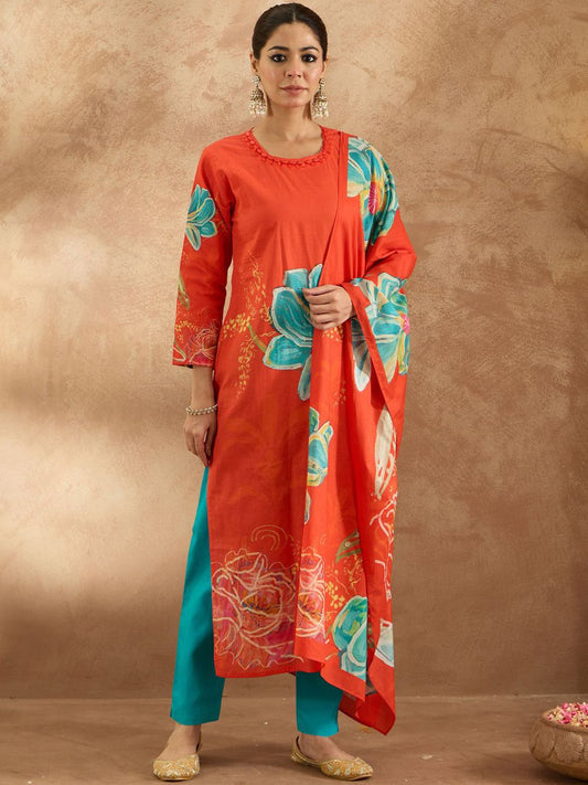 Dhiyona IE Women Floral Printed Regular Pure Cotton Kurta with Trousers & Dupatta