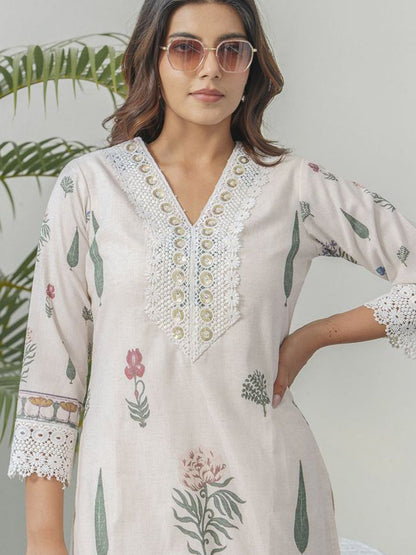 Dhiyona PD Women Floral Printed V-Neck Sequinned Straight Kurta With Trouser & Dupatta