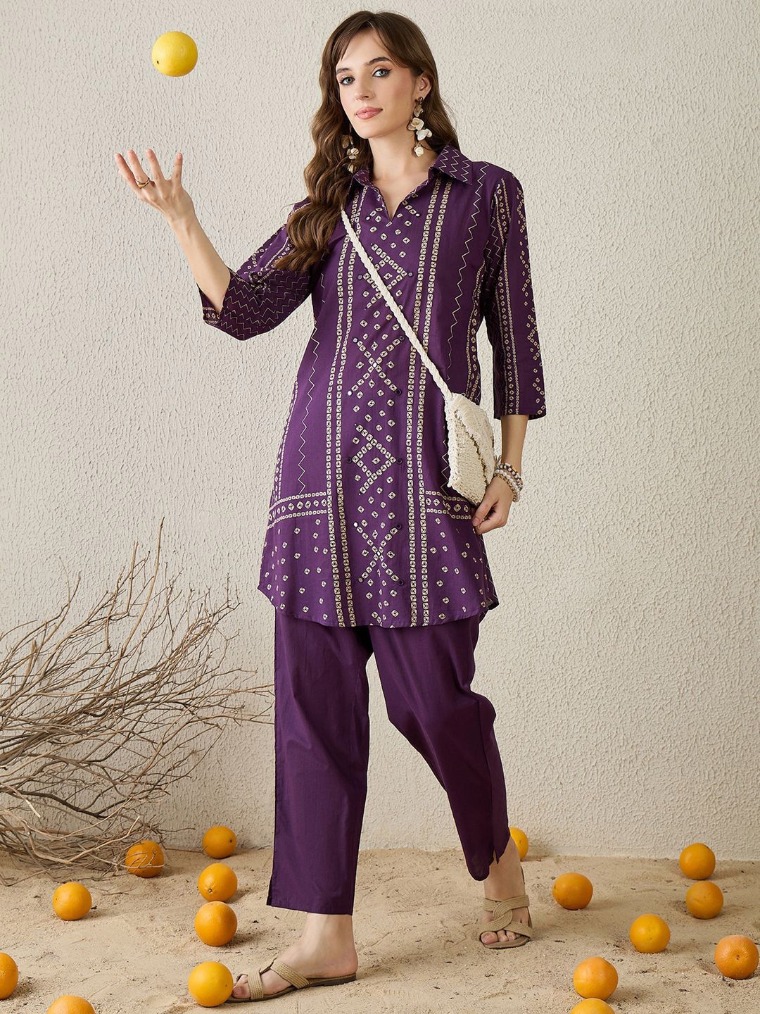 Dhiyona IE Bhandani Printed Pure Cotton Shirt Collar Top With Trousers Co-Ords