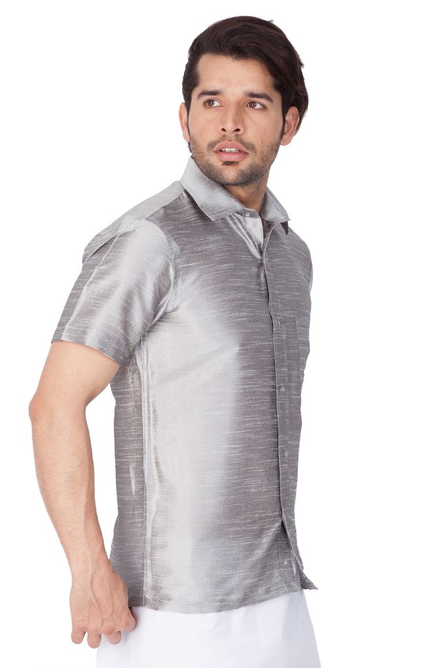 Men's Grey Silk Blend Straight Ethnic Shirt