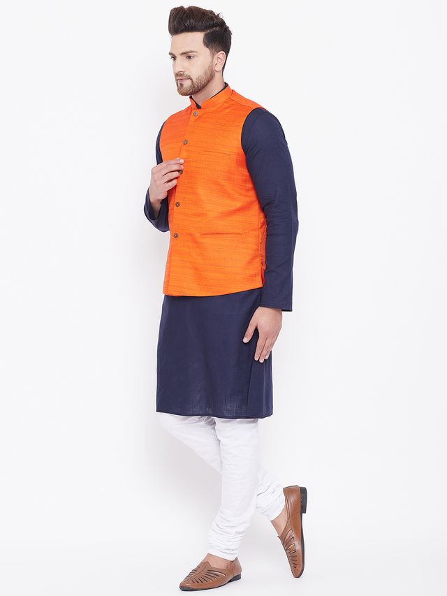 Men's Navy Blue Cotton Blend Straight Jacket  Kurta and Pyjama Set
