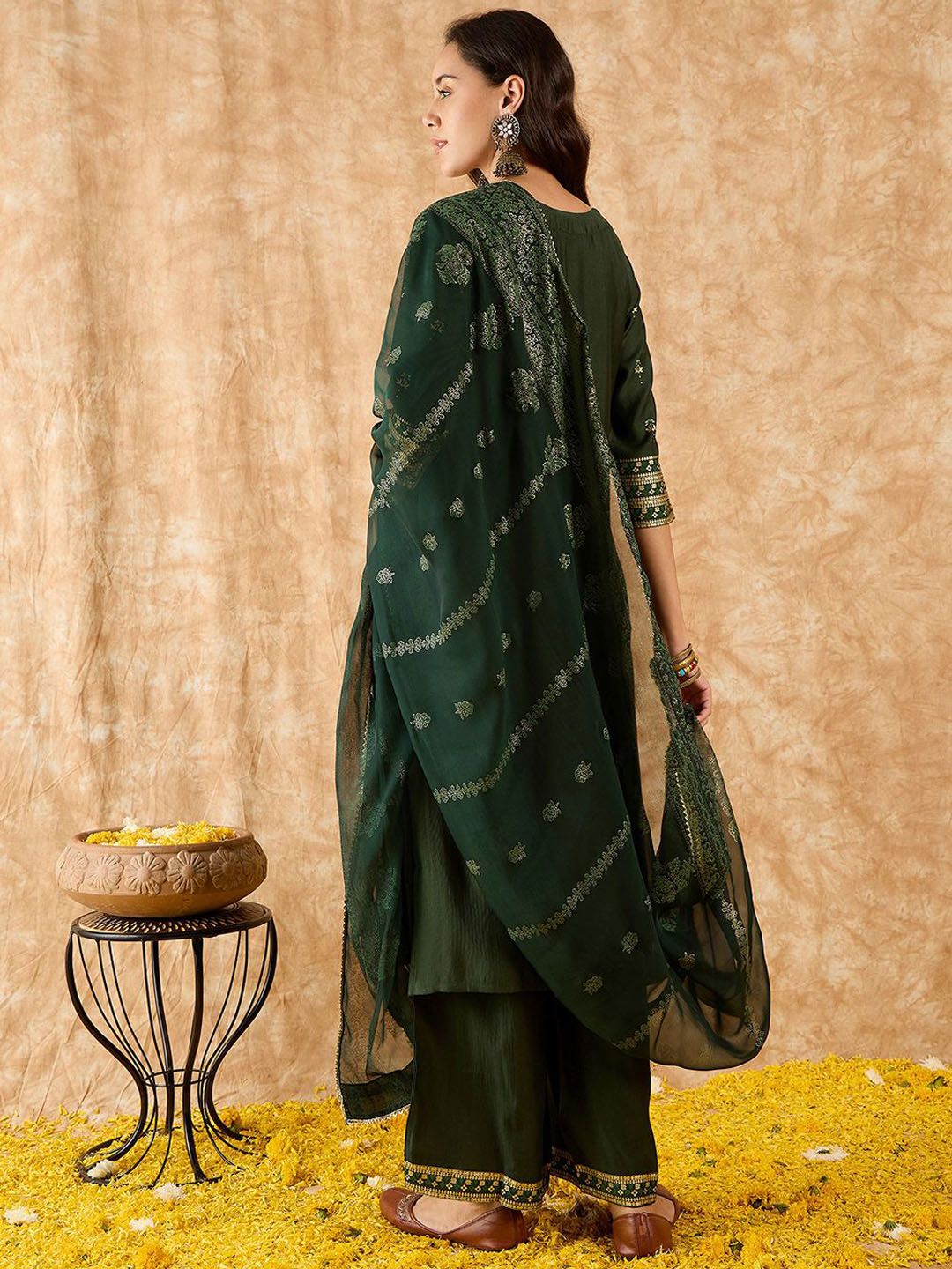 Ethnic Motifs Printed Straight Liva Kurta with Palazzos & Dupatta