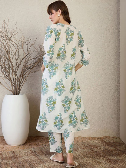 Women Floral Printed Regular Pure Cotton Kurta with Trousers