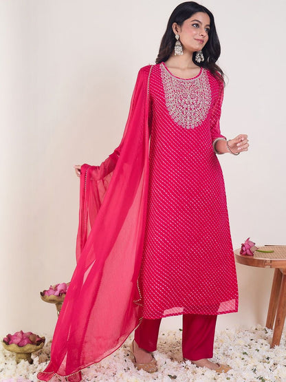 Leheriya Printed Regular Sequinned Kurta With Trousers & Dupatta