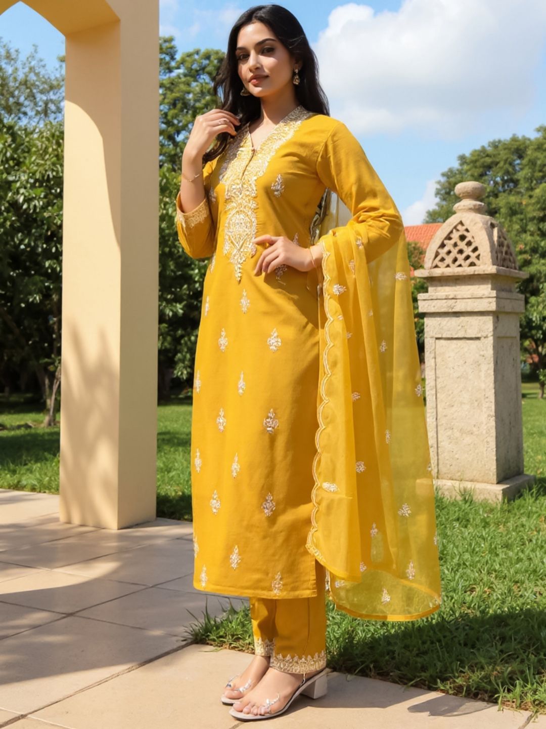 Women Ethnic Motifs Embroidered Regular Kurta with Trousers & Dupatta