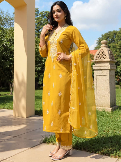 Women Ethnic Motifs Embroidered Regular Kurta with Trousers & Dupatta