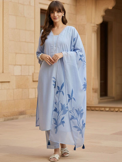 Women Floral Printed Regular Thread Work Linen Kurta with Trousers & With Dupatta