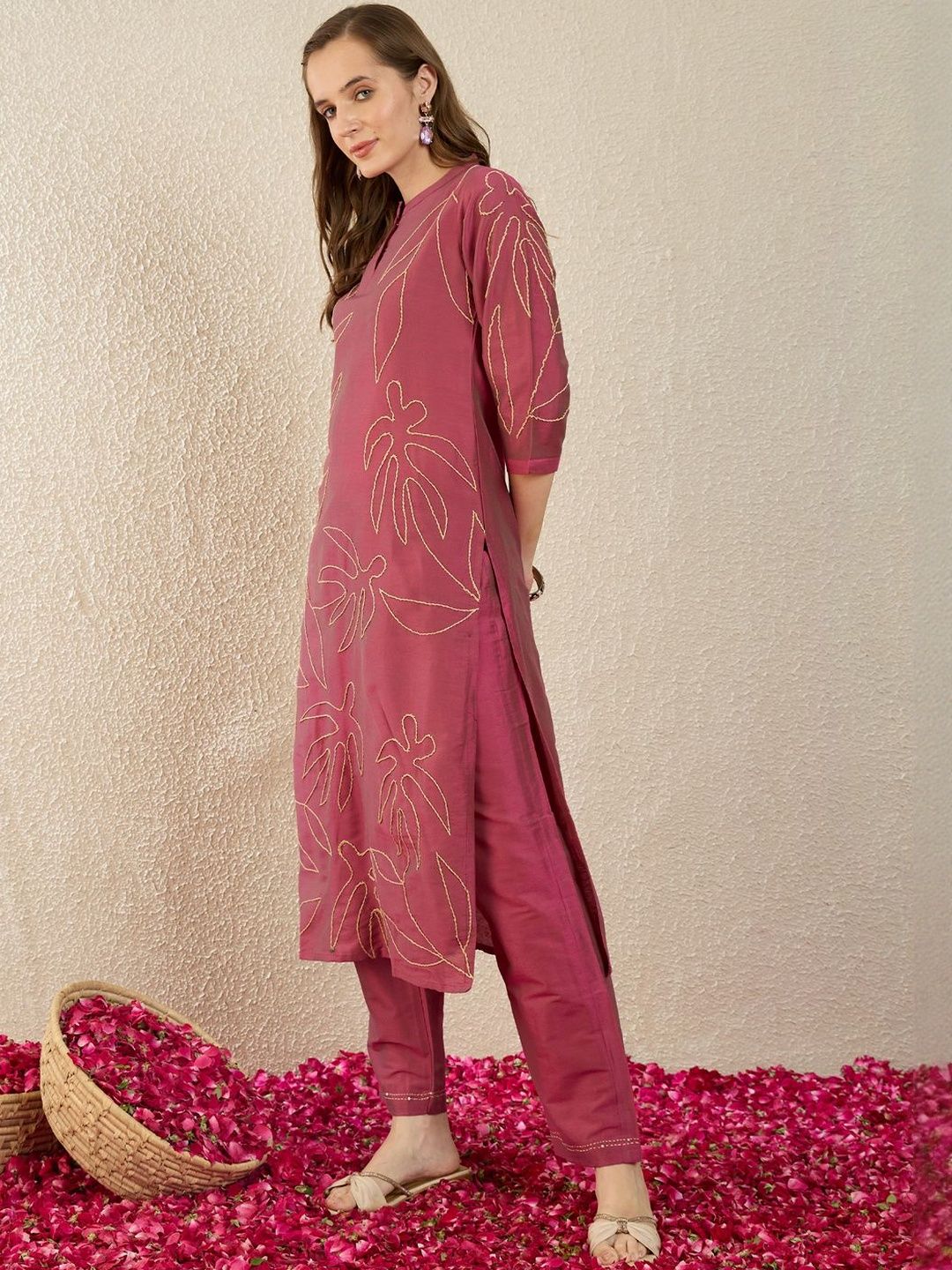 Dhiyona IE Printed Mandarin Collar Three-Quarter Sleeves Pure Cotton Top With Trousers