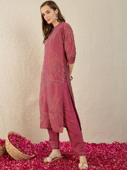 Dhiyona IE Printed Mandarin Collar Three-Quarter Sleeves Pure Cotton Top With Trousers