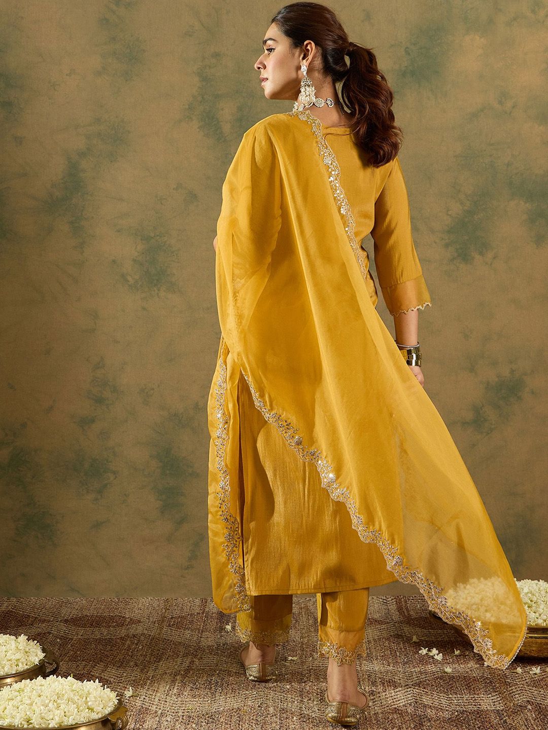 Floral Embroidered Kurta With Trousers & Dupatta