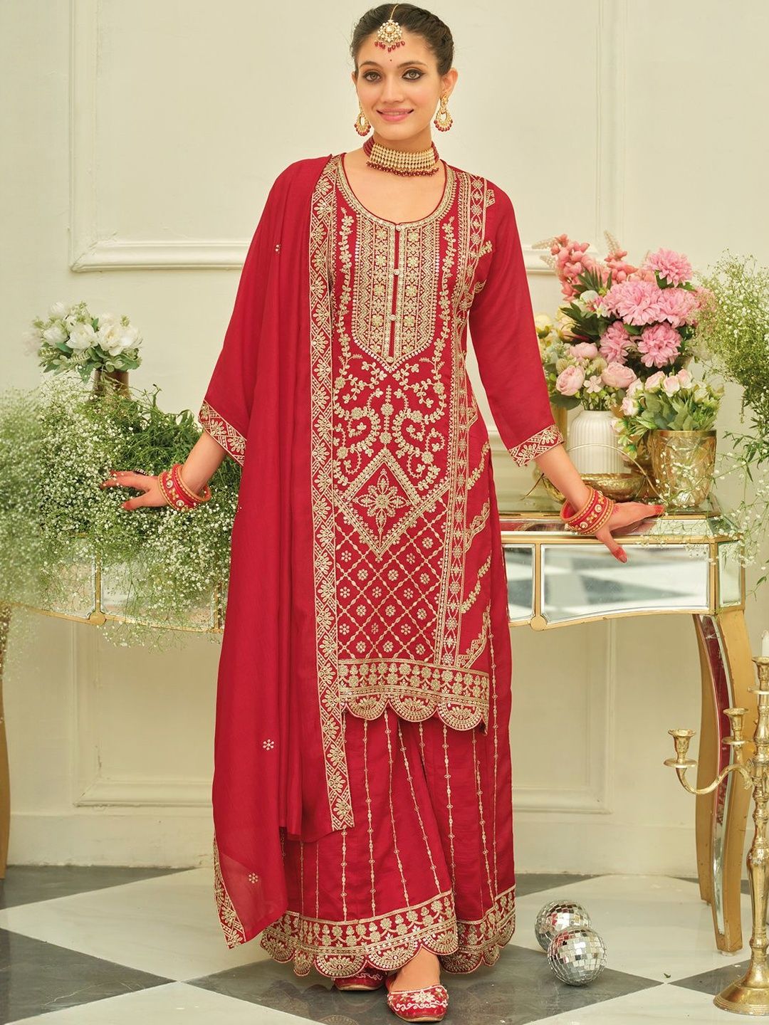 Dhiyona IE Ethnic Motifs Embroidered Straight Kurta With Sharara & Dupatta