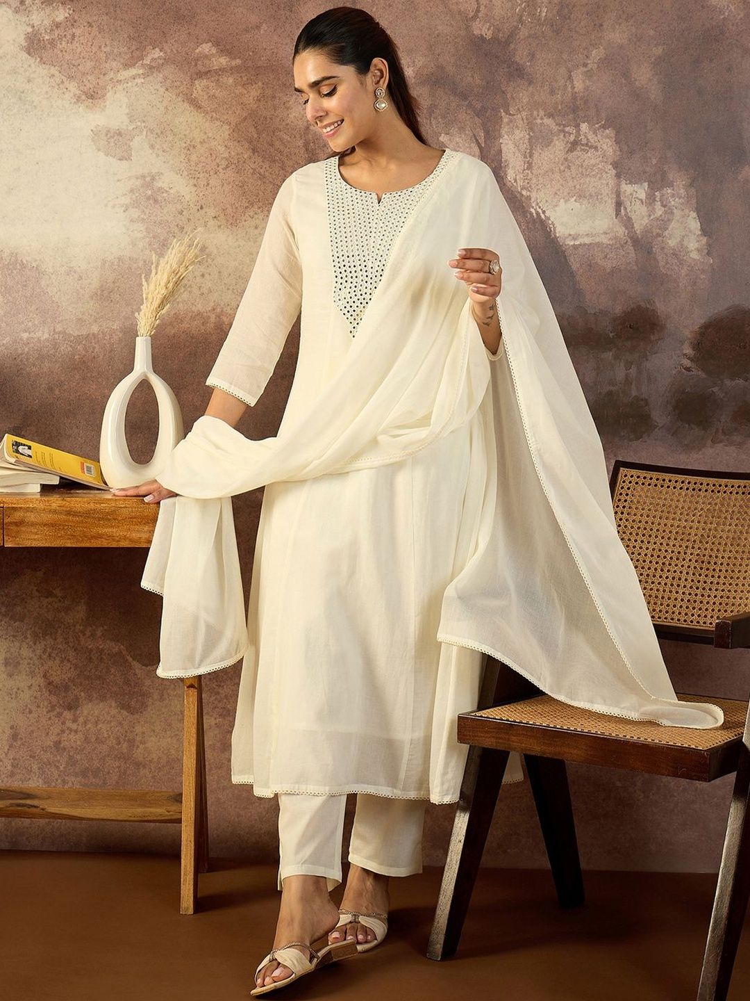 Women Solid Cotton A-Line Kurta with Trousers & Dupatta