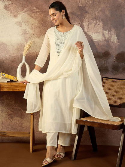 Women Solid Cotton A-Line Kurta with Trousers & Dupatta
