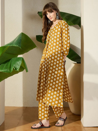 Women Mustard Printed Regular V-Neck Pure Cotton Kurta Sets