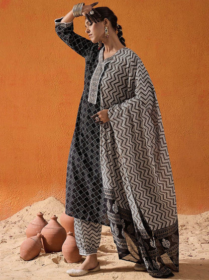 Dhiyona IE Black Geometric Printed V-Neck Pure Cotton Straight Kurta with Salwar & Dupatta