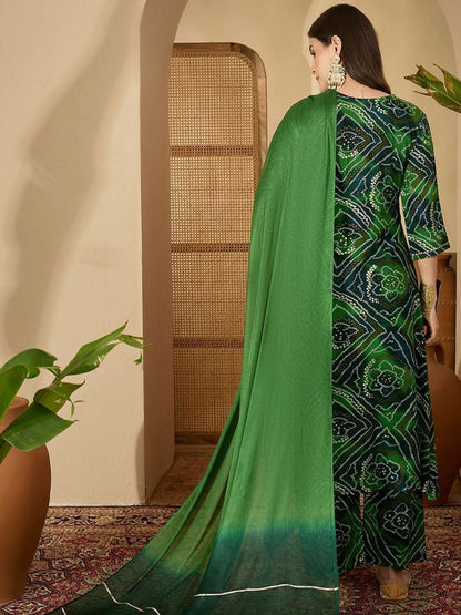 Dhiyona SN Women's Bandhani Printed Round Neck Sequinned A-Line Kurta And Trousers With Dupatta