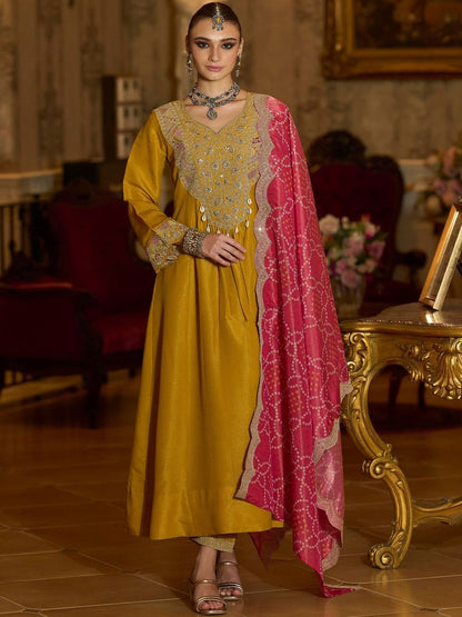 Ethnic Motifs Embroidered A-Line Bandhani Zari Kurta With Trousers & Dupatta