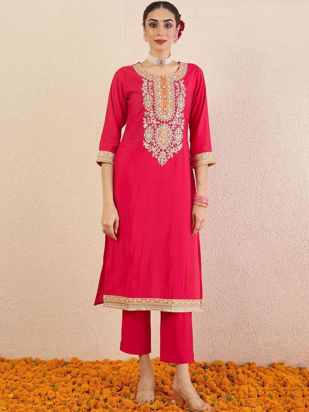 Women Ethnic Motifs Embroidered Regular Kurta with Trousers & With Dupatta