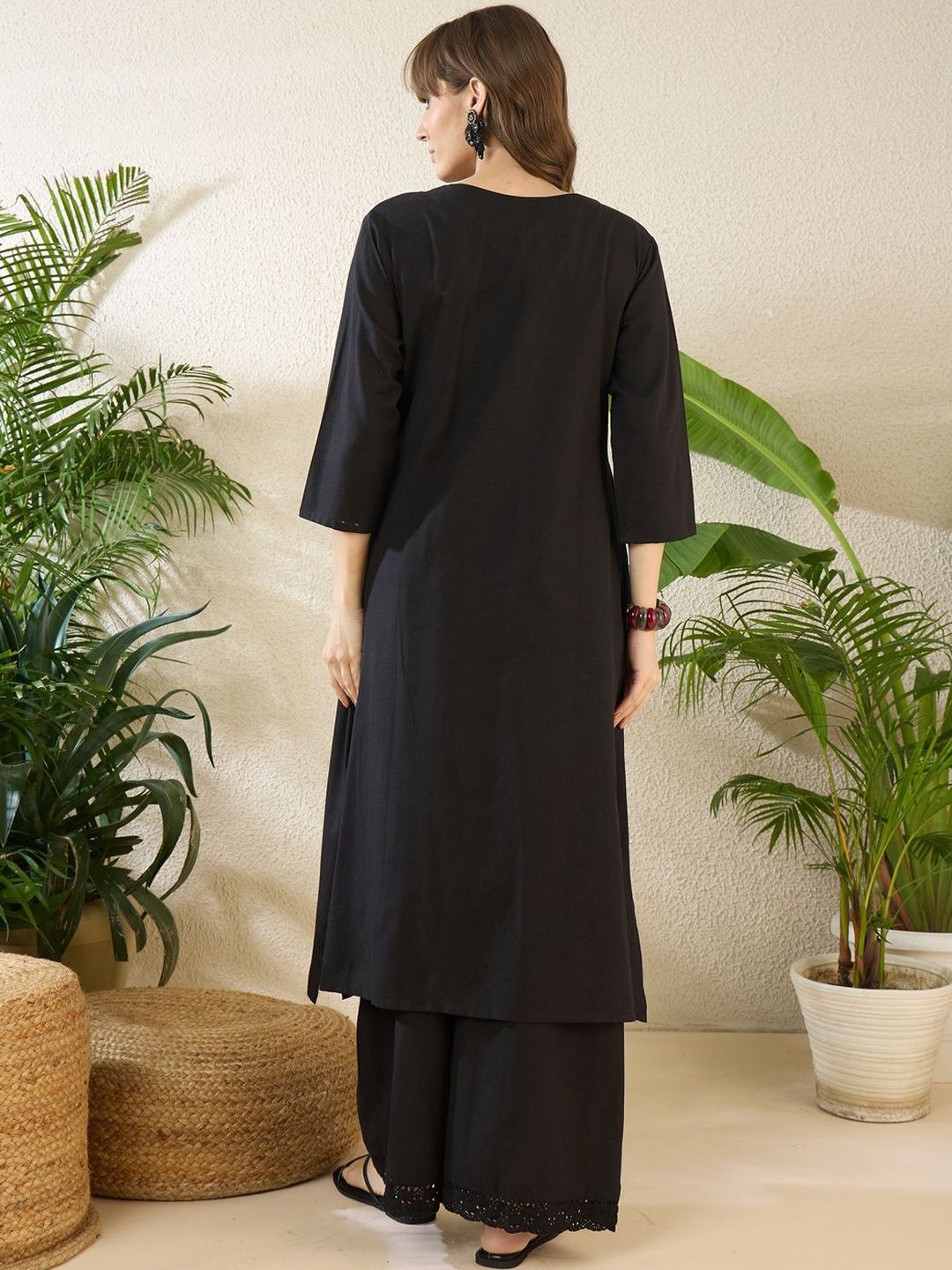 Ethnic Motifs Embroidered Notch Neck Thread Work Pure Cotton Kurta With Palazzos