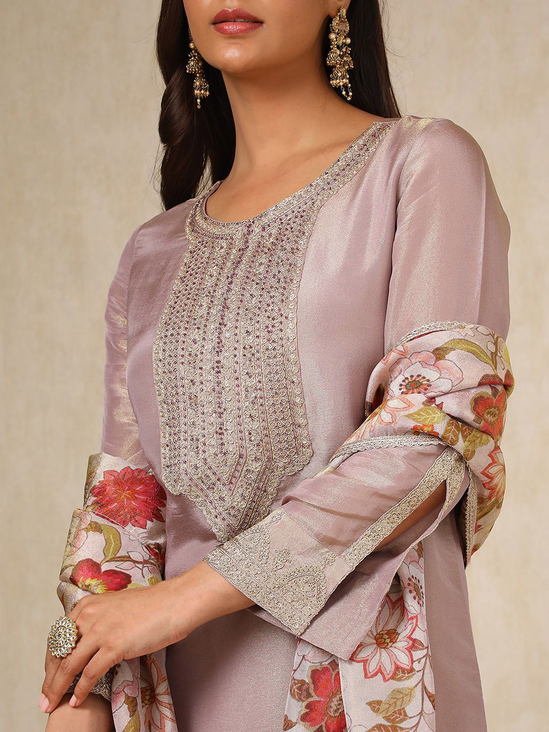 Dhiyona SO Women's Women Floral Yoke Design Angrakha Sequinned Kurta with Trousers & With Dupatta