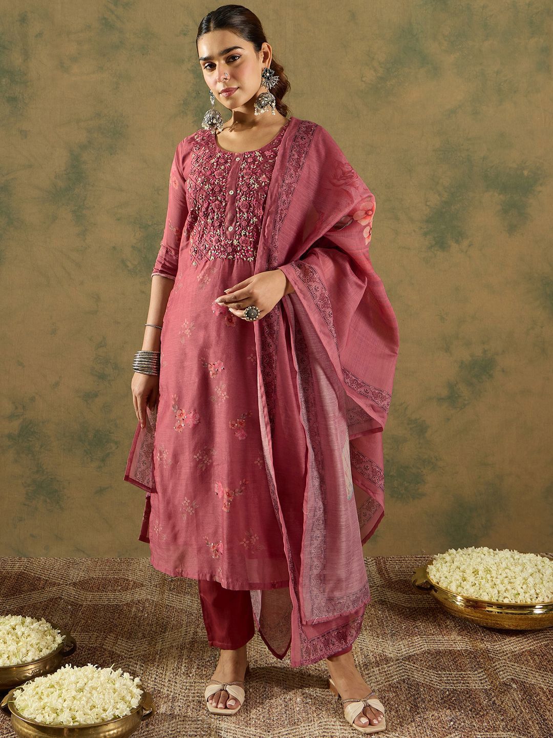 Floral Printed Thread Work Chanderi Silk Straight Kurta with Trouser & Dupatta
