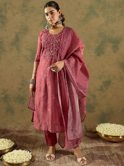 Floral Printed Thread Work Chanderi Silk Straight Kurta with Trouser & Dupatta