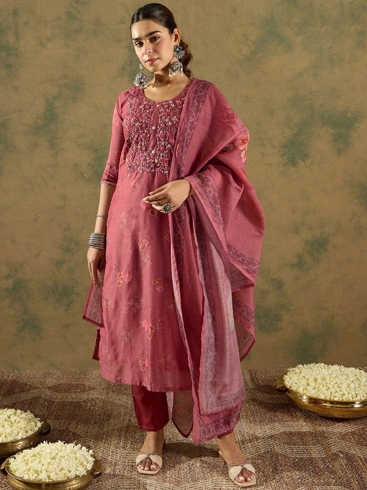 Floral Printed Thread Work Chanderi Silk Straight Kurta with Trouser & Dupatta