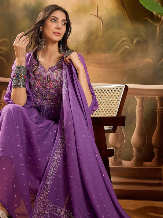 Dhiyona SN Women's Thread Embroidered Pure Cotton Anarkali Kurta With Trousers & Dupatta