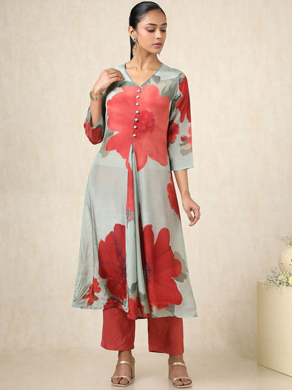 Dhiyona SO Women's Floral Botanical Printed Pleated V-Neck A-Line Kurta With Trousers And Dupatta