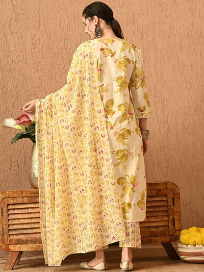 Women's Floral Printed Regular Thread Work Pure Cotton Kurta with Trousers & With Dupatta