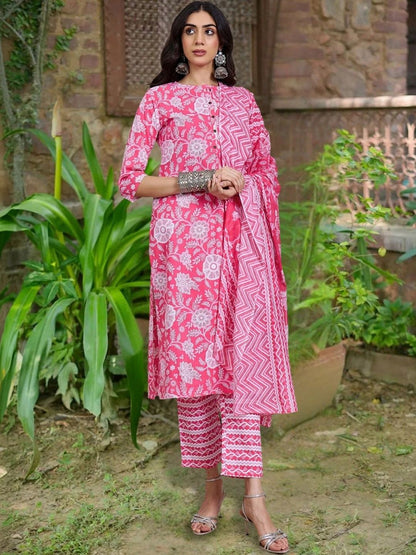 Women Floral Printed Regular Pure Cotton Kurta with Trousers & With Dupatta