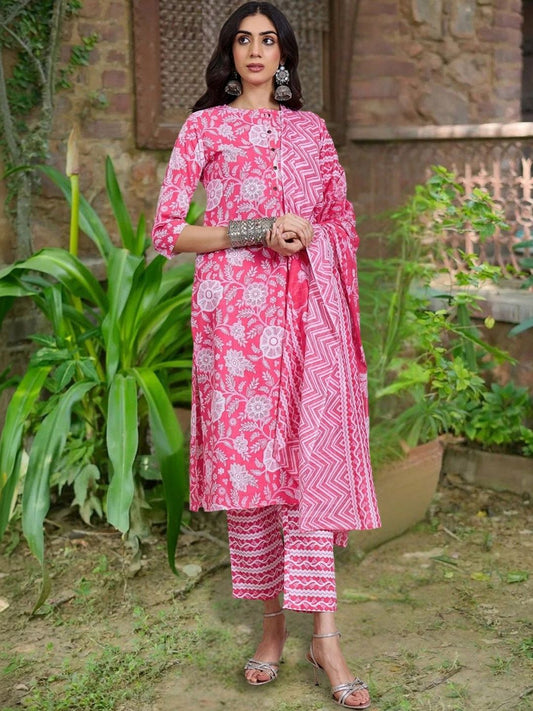 Women Floral Printed Regular Pure Cotton Kurta with Trousers & With Dupatta