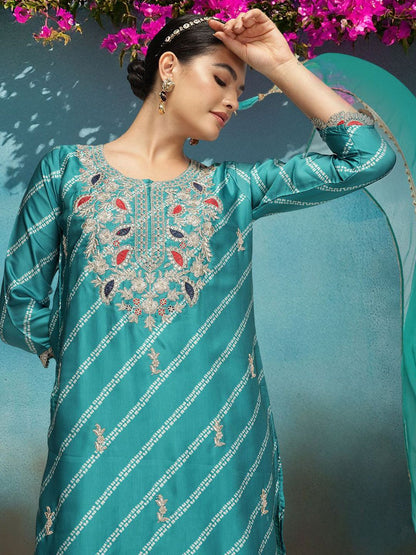 Dhiyona IS Women's Women Leheriya Embroidered Kurta with Trousers & Dupatta