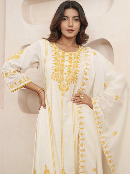 Dhiyona PD Women Floral Embroidered Pure Cotton Kurta & Trousers With Dupatta
