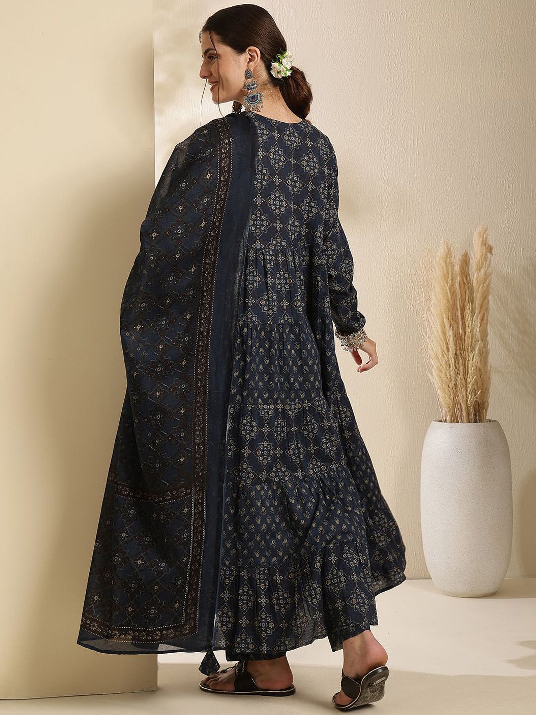 Dhiyona SN Women's Floral Printed Pure Cotton Key Hole-Neck Anarkali Kurta With Trouser & Dupatta