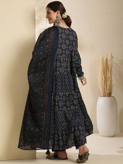 Dhiyona SN Women's Floral Printed Pure Cotton Key Hole-Neck Anarkali Kurta With Trouser & Dupatta