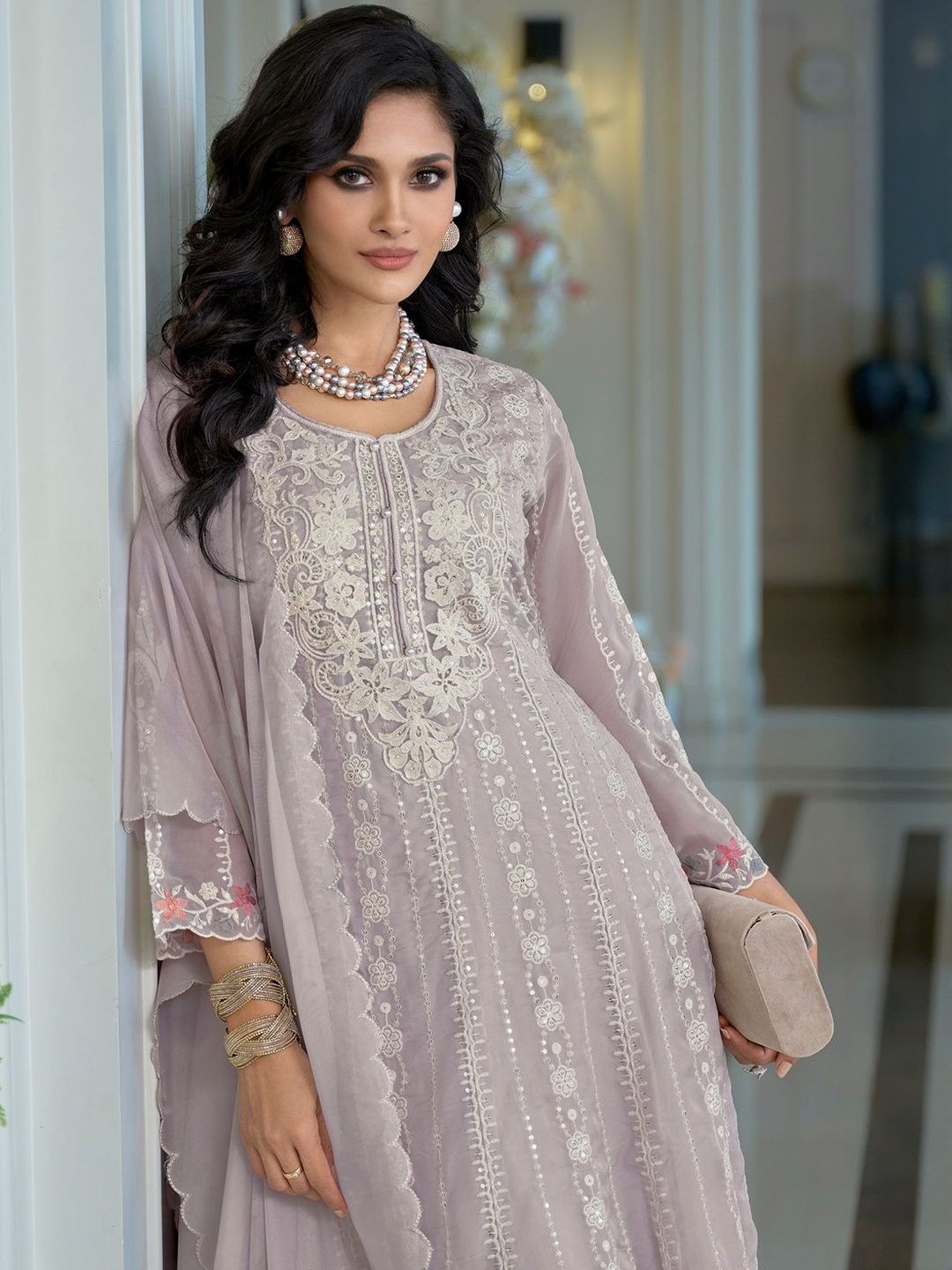 Floral Embroidered Thread Work Organza A-Line Kurta & Trousers With Dupatta