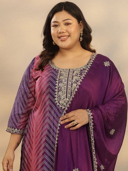Dhiyona Women's Plus Size Printed Thread Work Kurta with Sharara & Dupatta