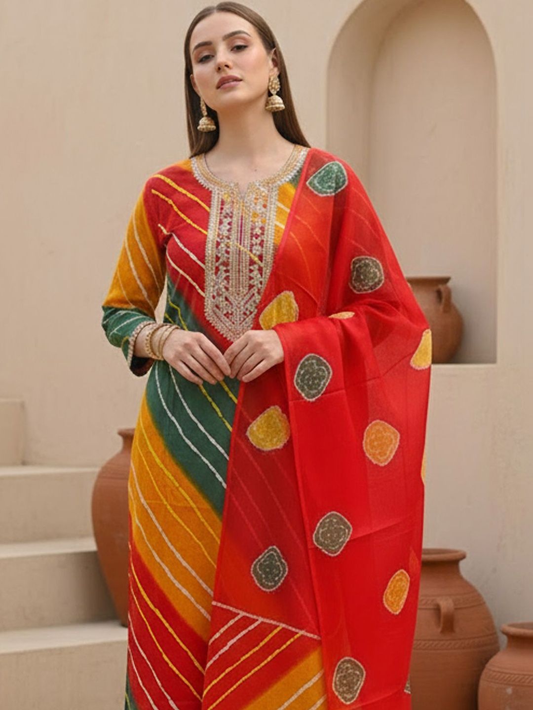 Women Leheriya Printed Regular Thread Work Kurta with Trousers & With Dupatta