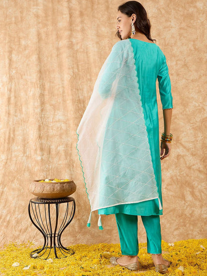 Ethnic Motifs Embroidered A-Line Sequinned Liva Kurta with Trousers & Dupatta