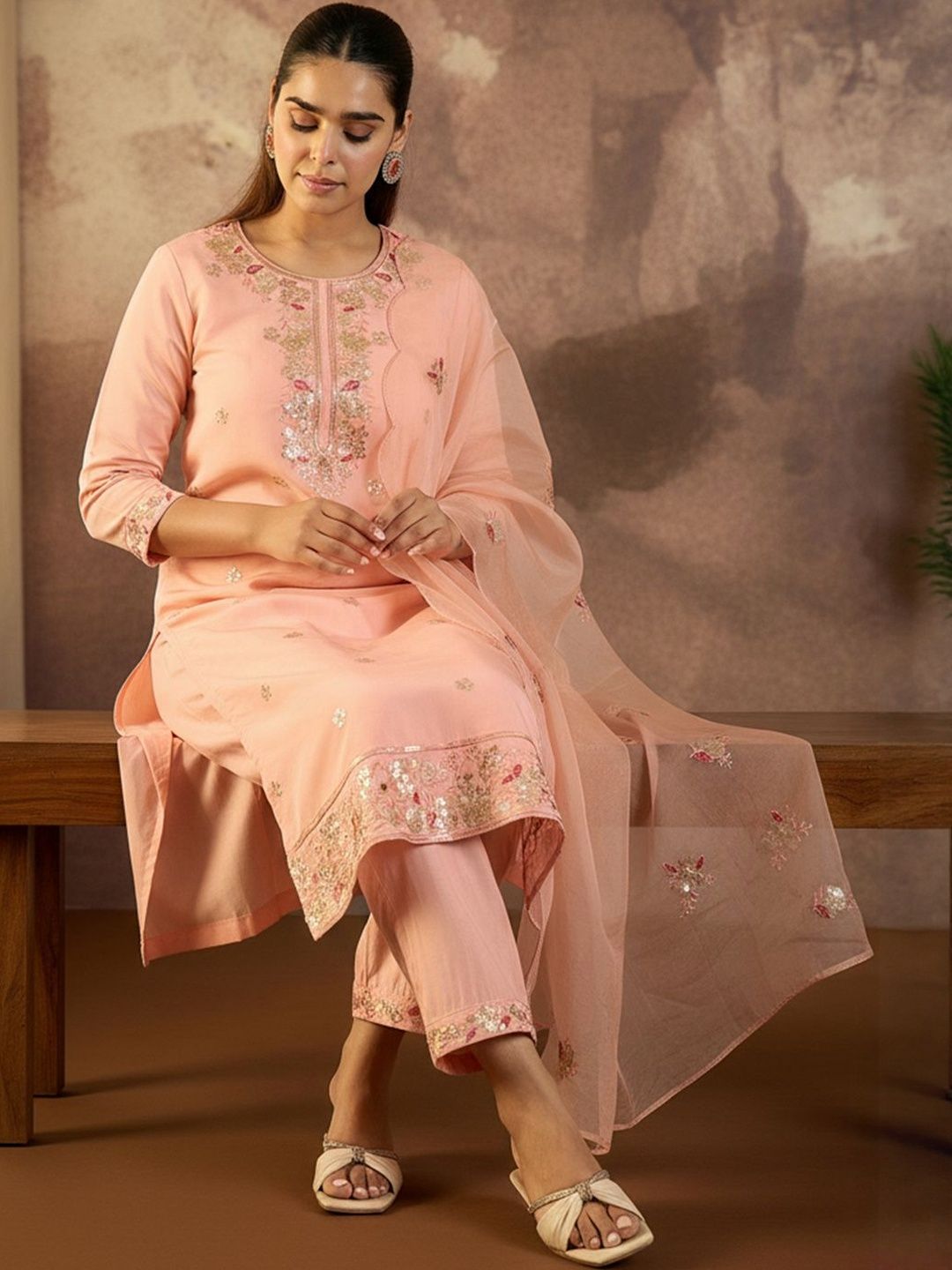 Ethnic Motifs Embroidered Regular Sequinned Kurta With Trousers & Dupatta
