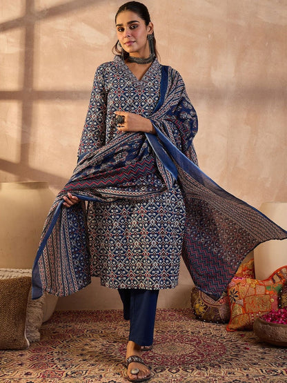 Women Ethnic Motifs Printed Cotton Kurta with Trousers & Dupatta