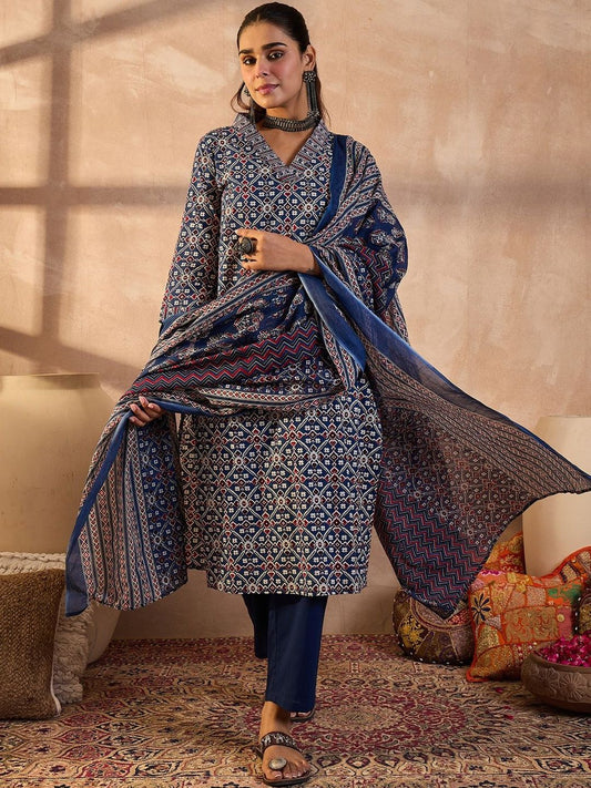 Women Ethnic Motifs Printed Cotton Kurta with Trousers & Dupatta