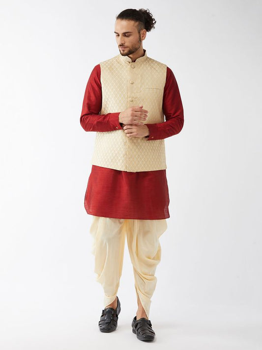 Men's Maroon Silk Blend Straight Jacket  Kurta and Dhoti Set