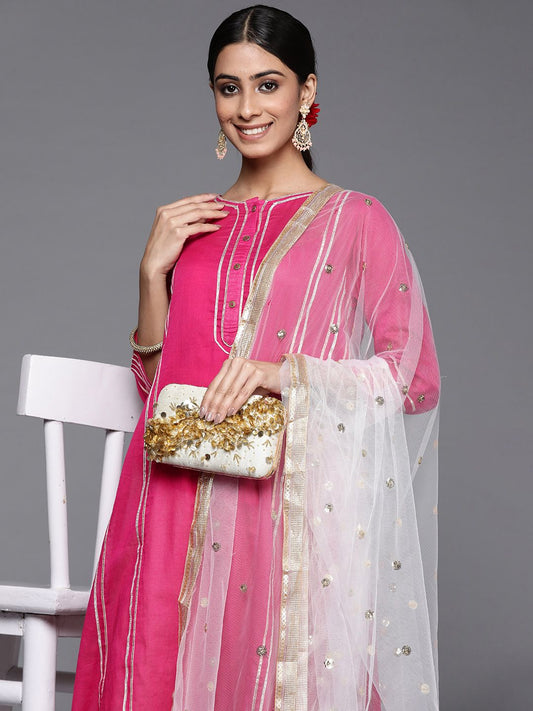 Dhiyona VA Women's Pink Yoke Design Pleated Gotta Patti Cotton Kurta with Palazzos & Dupatta